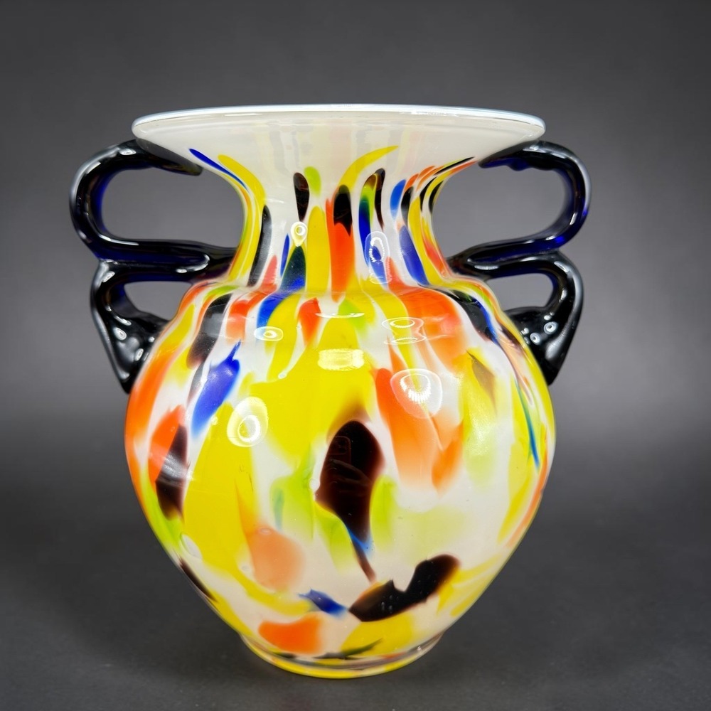 Czechoslovakia Art Glass Vase Multi Color Splatter Confetti Cobalt Blue Handles